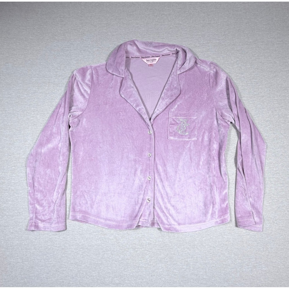 Juicy Couture Lilac Velour Pajama Top Rhinestone Logo Button Down Purple Medium